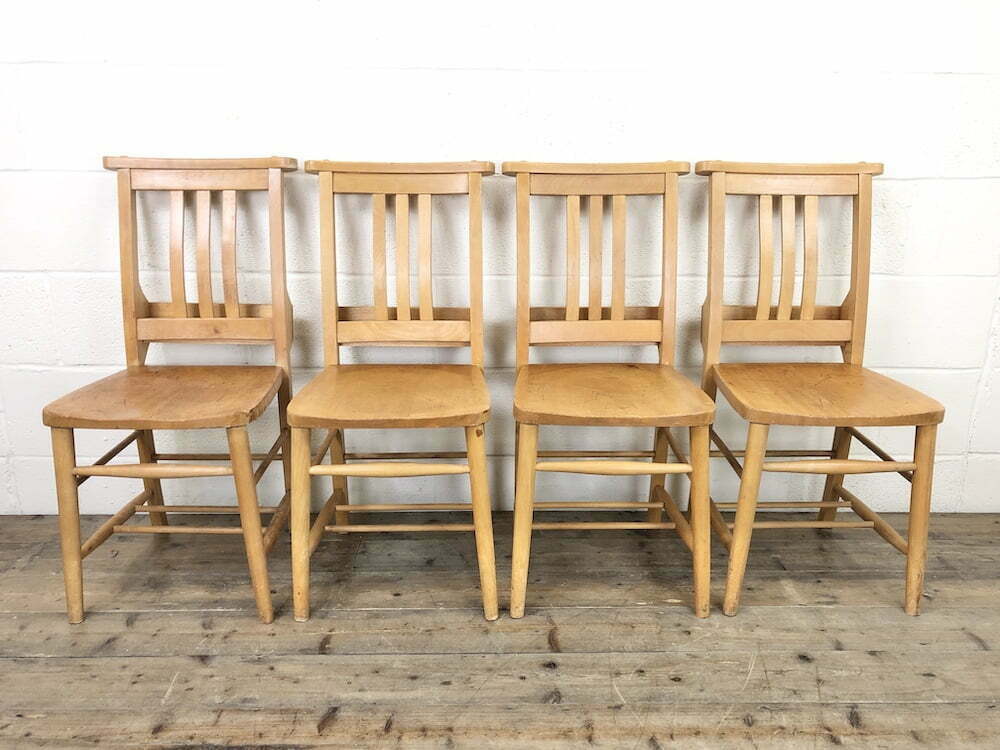 Vintage Set of Four Beech Chapel Chairs