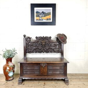 Antique Carved Oak Settle Bench with Storage