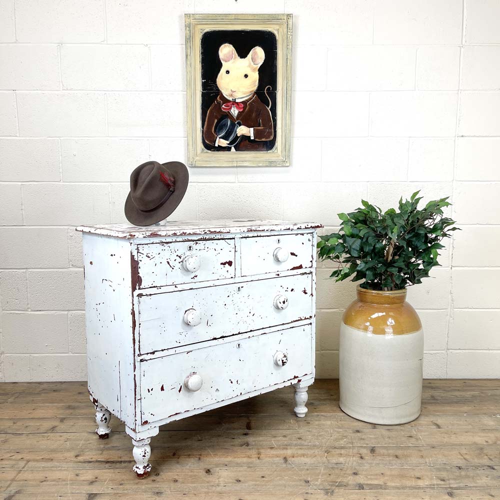 Small Distressed White Painted Victorian Chest of Drawers
