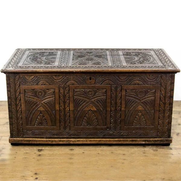 M-3596 19th Century Antique Carved Oak Coffer Penderyn Antiques (1)
