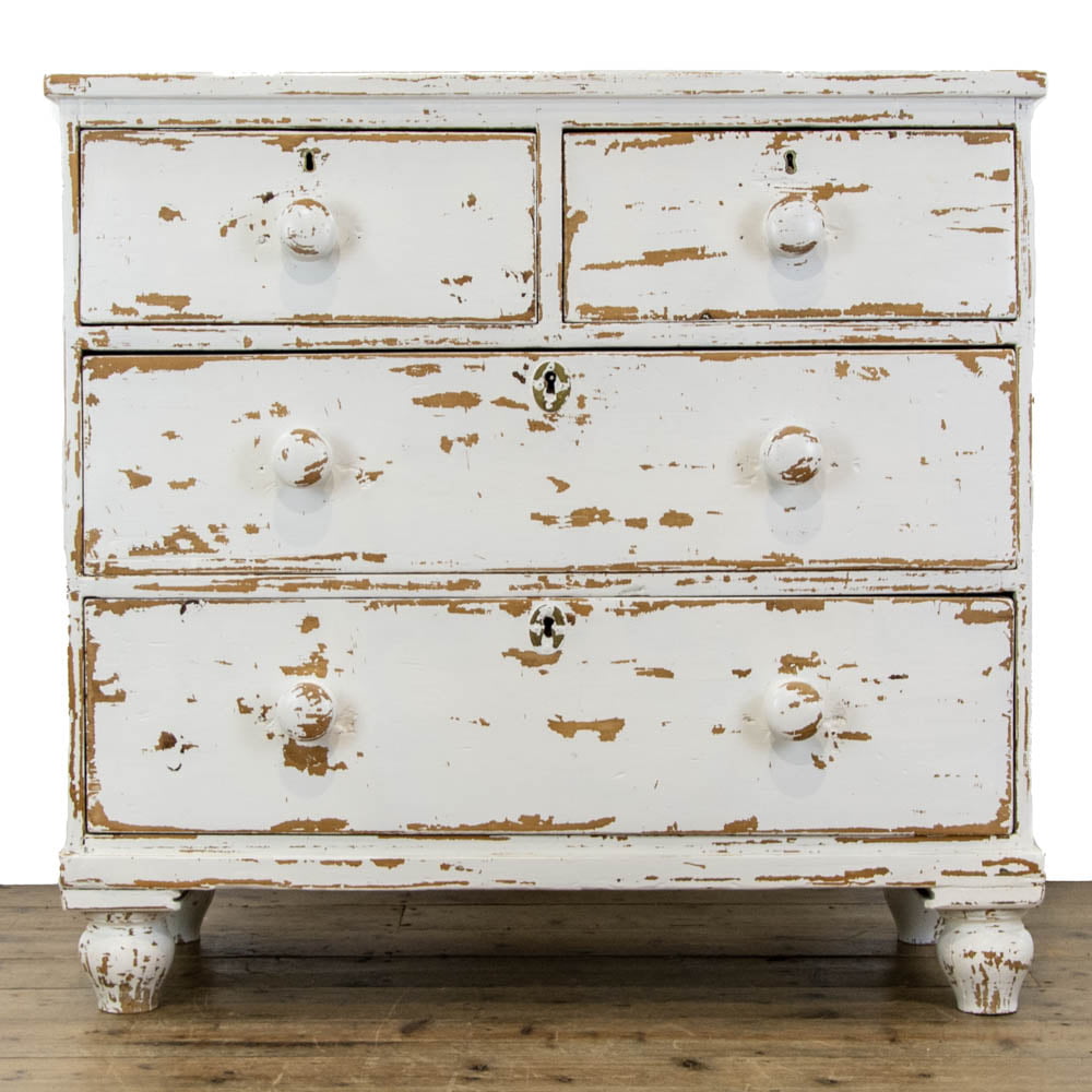 Distressed White Painted Antique Pine Chest of Drawers