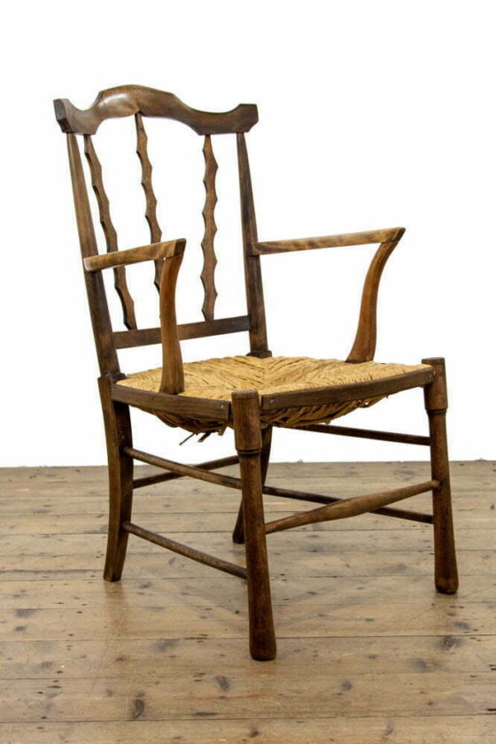 M-3756 Antique Arts and Crafts Elm and Rush Elbow Chair Penderyn Antiques (2)