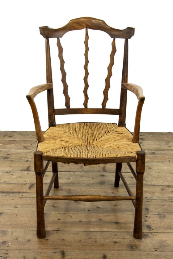 M-3756 Antique Arts and Crafts Elm and Rush Elbow Chair Penderyn Antiques (4)