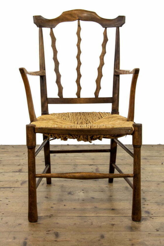 M-3756 Antique Arts and Crafts Elm and Rush Elbow Chair Penderyn Antiques (5)