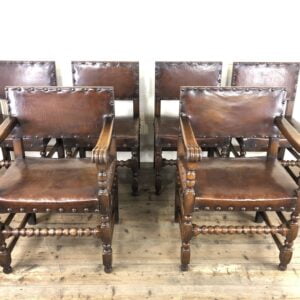 Set of Six Oak and Leather Dining Chairs