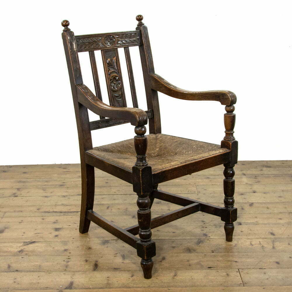Antique Oak Armchair with Rush Seat