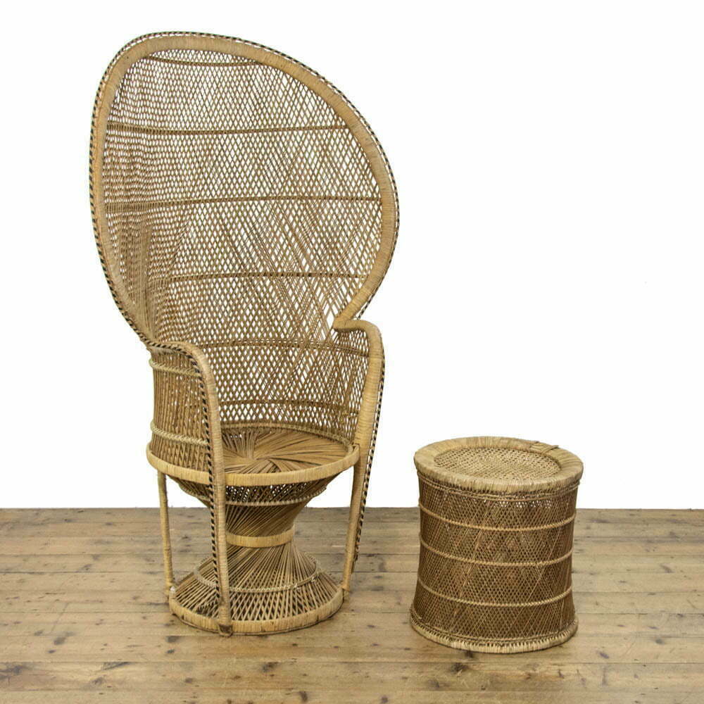 Vintage Wicker Peacock Chair with Matching Wicker Stool