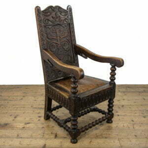 Large Antique Carved Oak Throne Armchair with Leather Seat