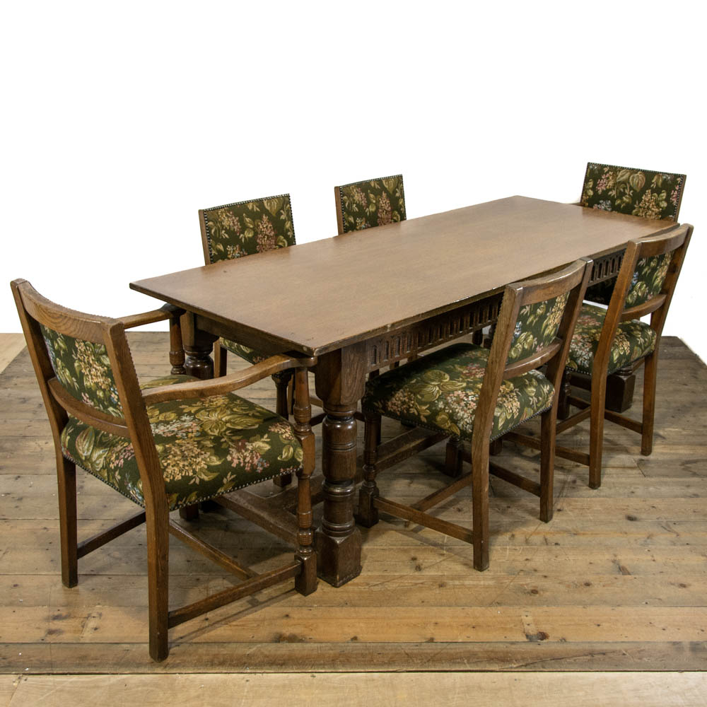Solid Oak Dining Table with Set of Six Upholstered Dining Chairs