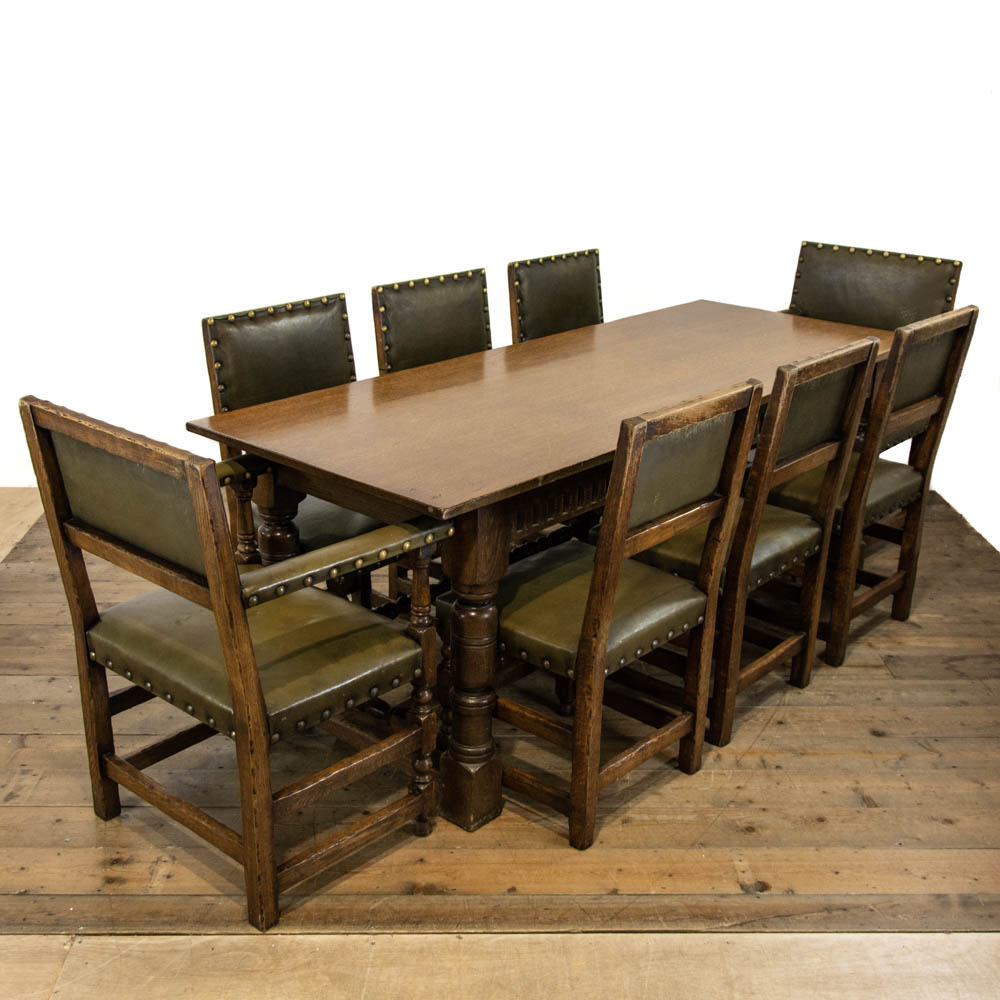 Oak Dining Table with Set of Eight Leather Dining Chairs
