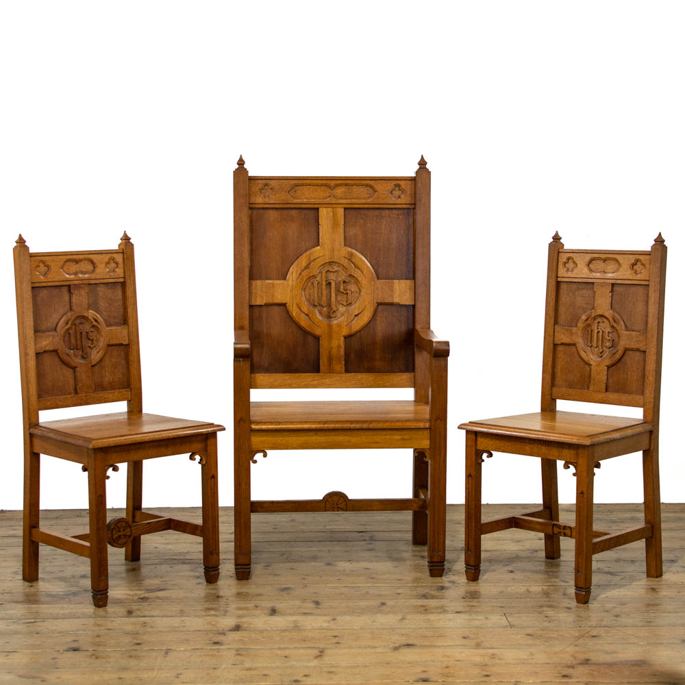 Set of Three Vintage Oak Chapel Chairs