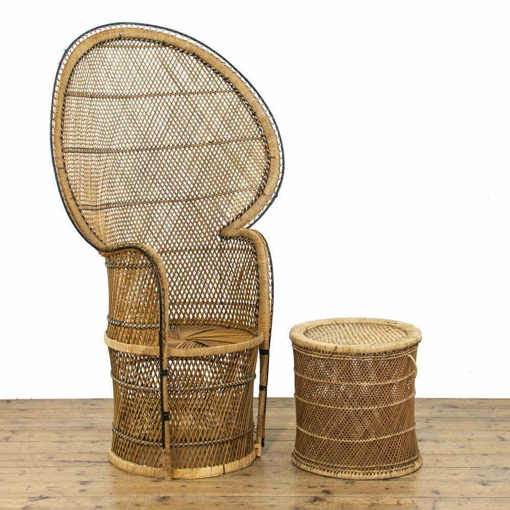 Vintage Wicker Peacock Chair with Matching Wicker Stool
