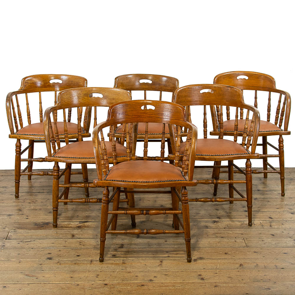Set of Six Antique Honey Oak Captain’s Armchairs