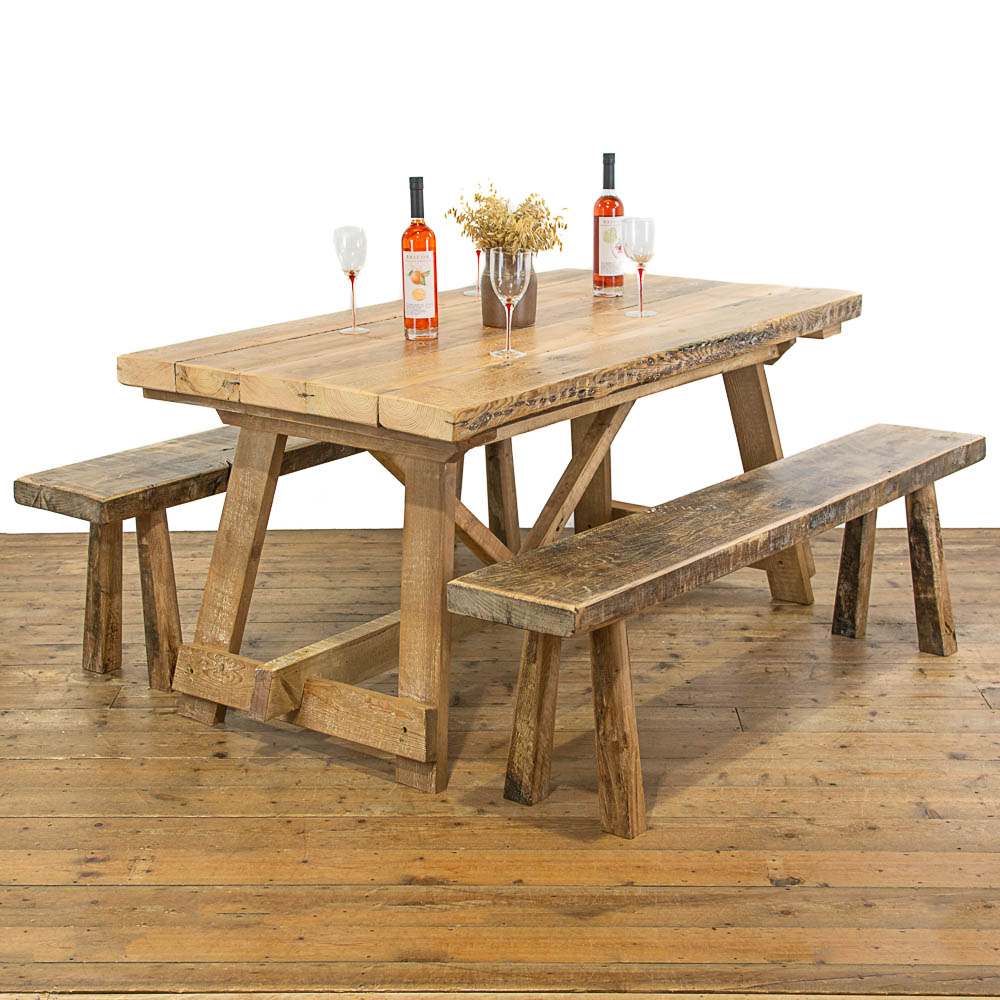 French Farmhouse Style Kitchen Table and Benches Set