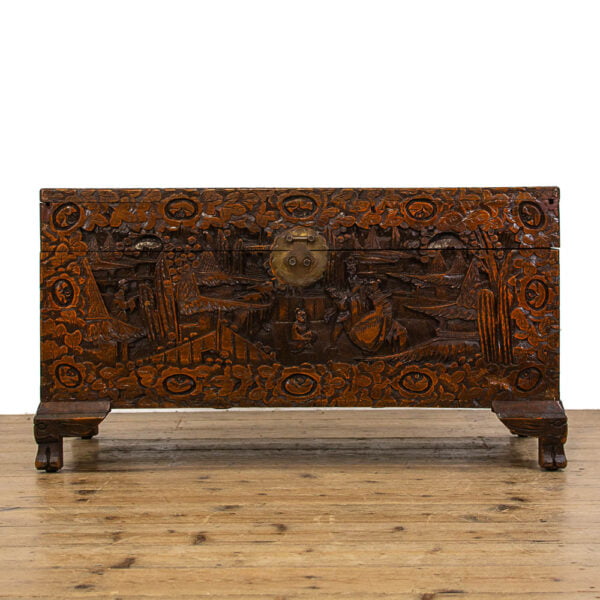 M-4809 Chinese Carved Camphor Wood Trunk Penderyn Antiques (1)