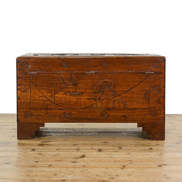 M-5127 Antique Early 20th Century Oriental Carved Camphor Wood Trunk Penderyn Antiques 4