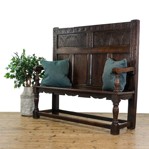 M-5199 Antique Carved Oak Settle Penderyn Antiques (1)