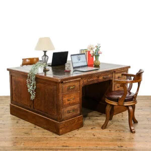 M-5139 Large Antique Oak Twin Pedestal Partners Desk Penderyn Antiques (2)