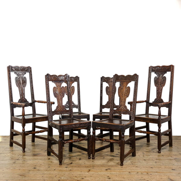 M-5293 Set of Six 19th Century Carved Oak Dining Chairs Penderyn Antiques (1)