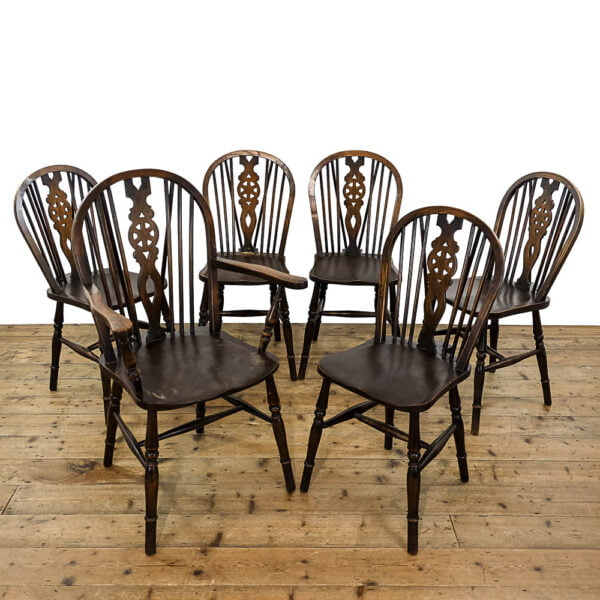 M-5526 Set of Six Antique Elm Wheelback Kitchen Chairs Penderyn Antiques (1)