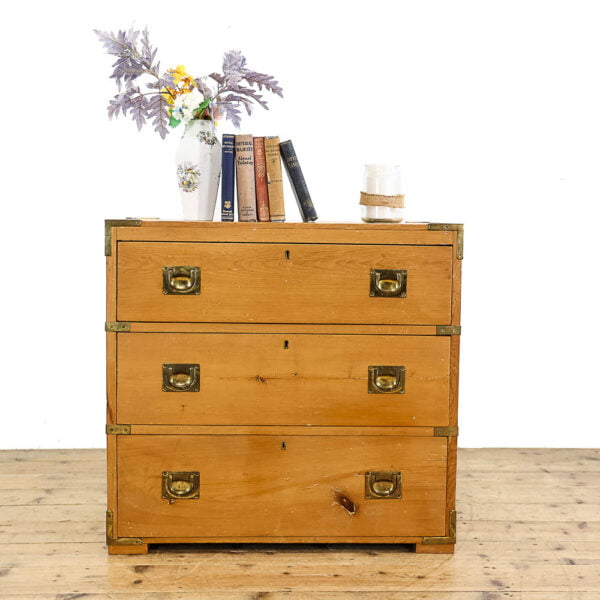 M-5613 Small Antique Campaign Style Pine Chest of Drawers Penderyn Antiques (1)
