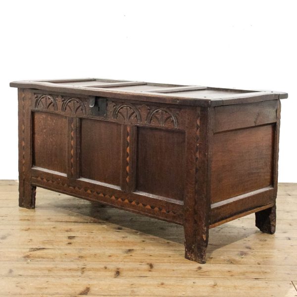 M-6308 Antique Carved and Inlaid Oak Coffer pedneryn antiques (1)