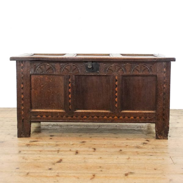 M-6308 Antique Carved and Inlaid Oak Coffer pedneryn antiques (2)