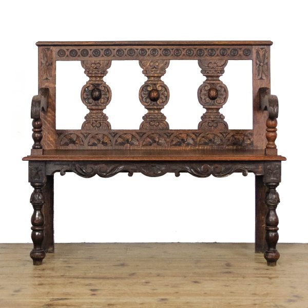 M-6692 Antique Victorian Carved Oak Hall Bench (3)