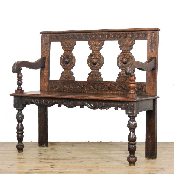 M-6692 Antique Victorian Carved Oak Hall Bench (5)