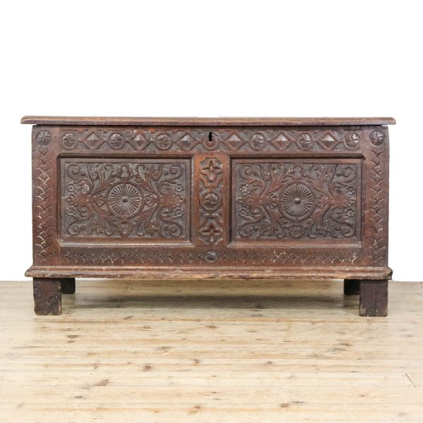 M-6777 Antique 19th Century Oak Carved Coffer (7)
