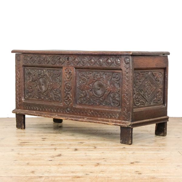 M-6777 Antique 19th Century Oak Carved Coffer (8)