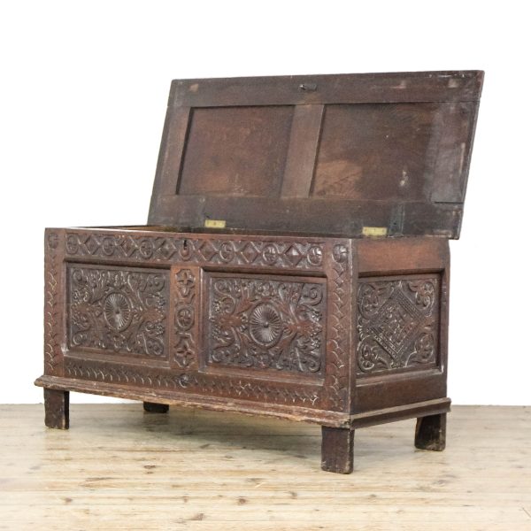 M-6777 Antique 19th Century Oak Carved Coffer (9)
