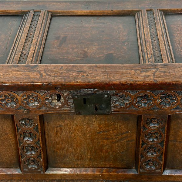 M-6870 Antique 18th Century Carved Oak Coffer 1