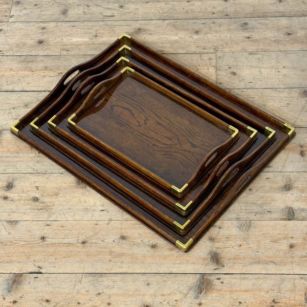 M-6865 Set of Four Graduation Antique Oak and Brass Trays (2)