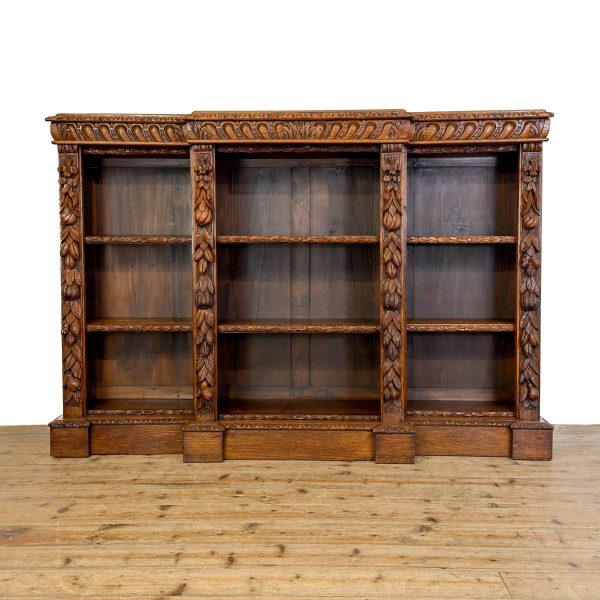 M-6894 Antique Victorian Carved Oak Breakfront Bookcase 1